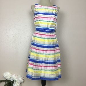 Leslie Fay Womens Dress Cocktail Sleeveless Rainbow Striped Size 6 Belted